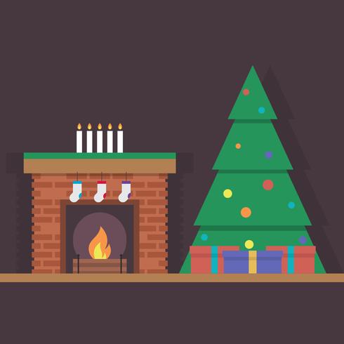 Feestelijke Kerstboom en Verfraaide Open haard op Donkere Illustratie als achtergrond vector