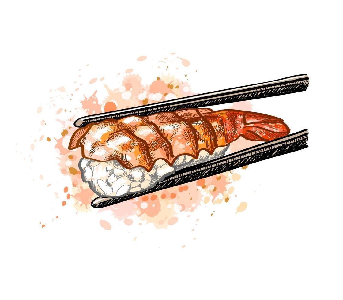 gunkan sushi met garnalen uit een scheutje aquarel hand getrokken schets vectorillustratie van verven vector
