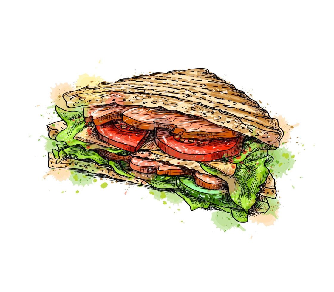 sandwich fastfood van een scheutje aquarel hand getrokken schets vectorillustratie van verf vector