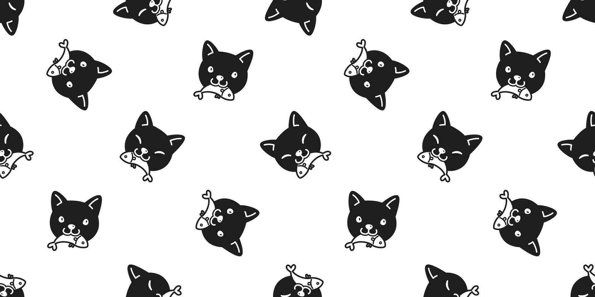 kat naadloos patroon vector calico katje aan het eten vis Zalm tonijn sjaal geïsoleerd tekenfilm herhaling behang tegel achtergrond illustratie tekening zwart