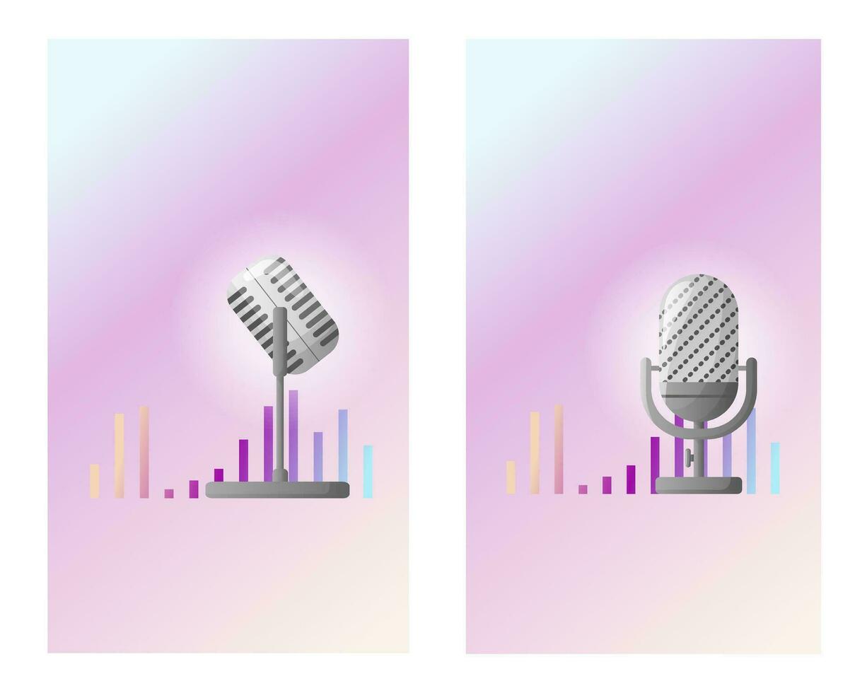 Hoes voor een podcast blog. studio microfoon, stereo hoofdtelefoons en geluid bijhouden Aan een helling achtergrond. eps 10 vector