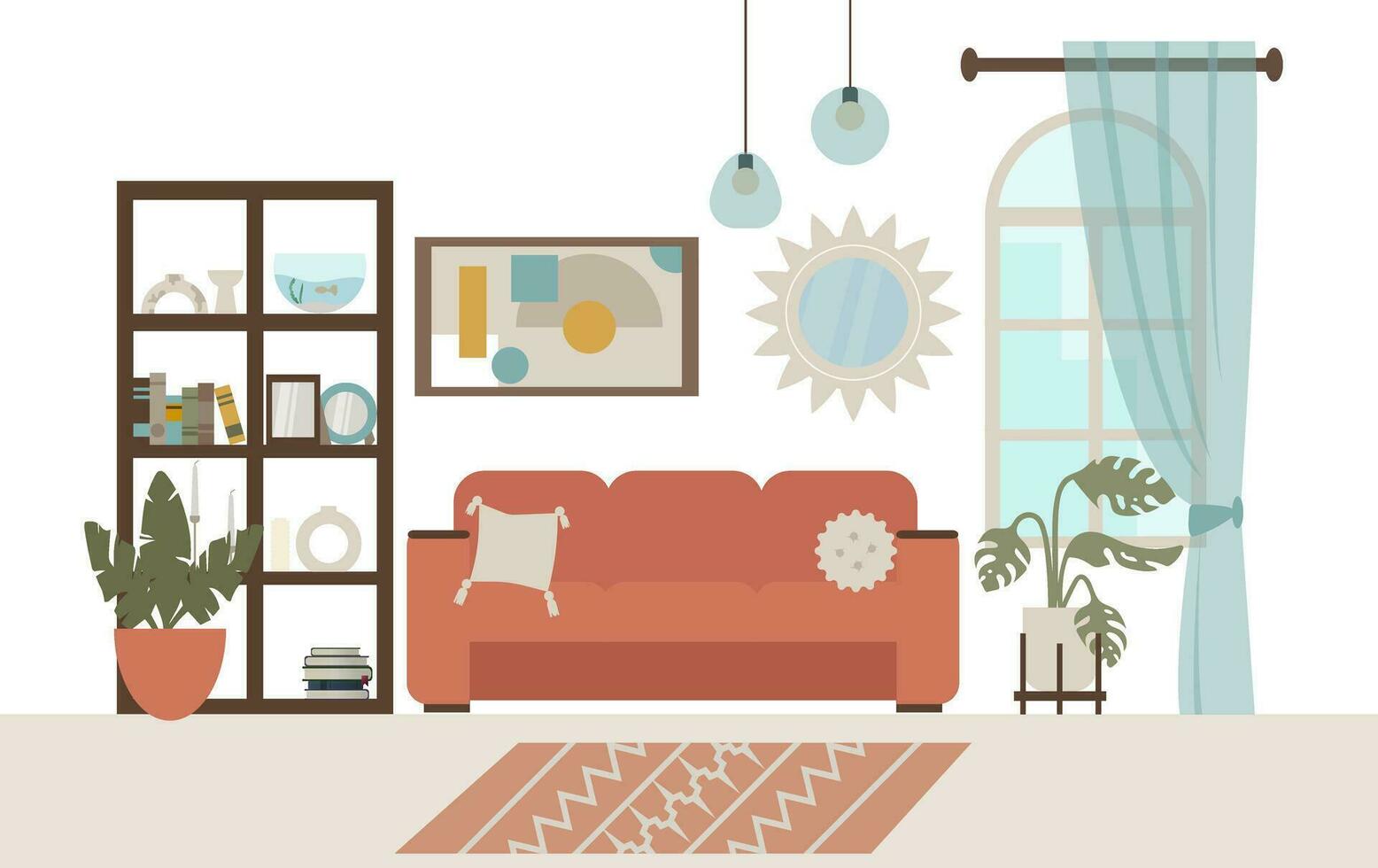 leven kamer interieur met meubilair, bank, boekenplank, planten en decoraties. vlak stijl vector illustratie.