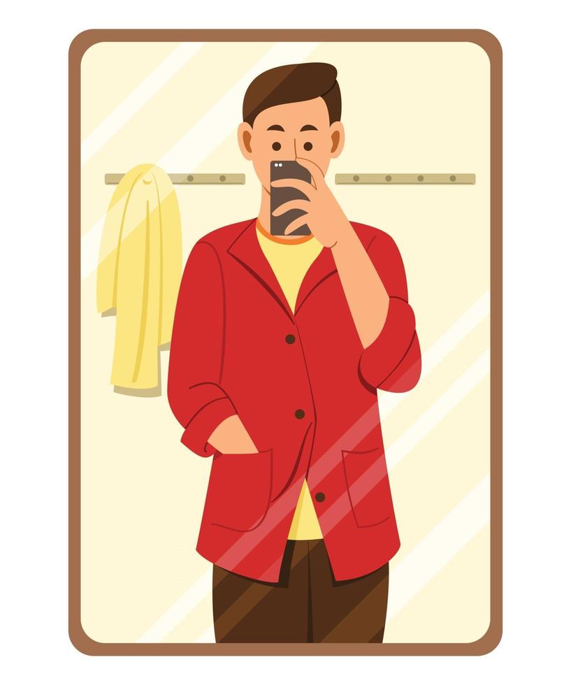 man die de kleren past en een selfie-foto maakt met mobiele telefoon voor de spiegel vector