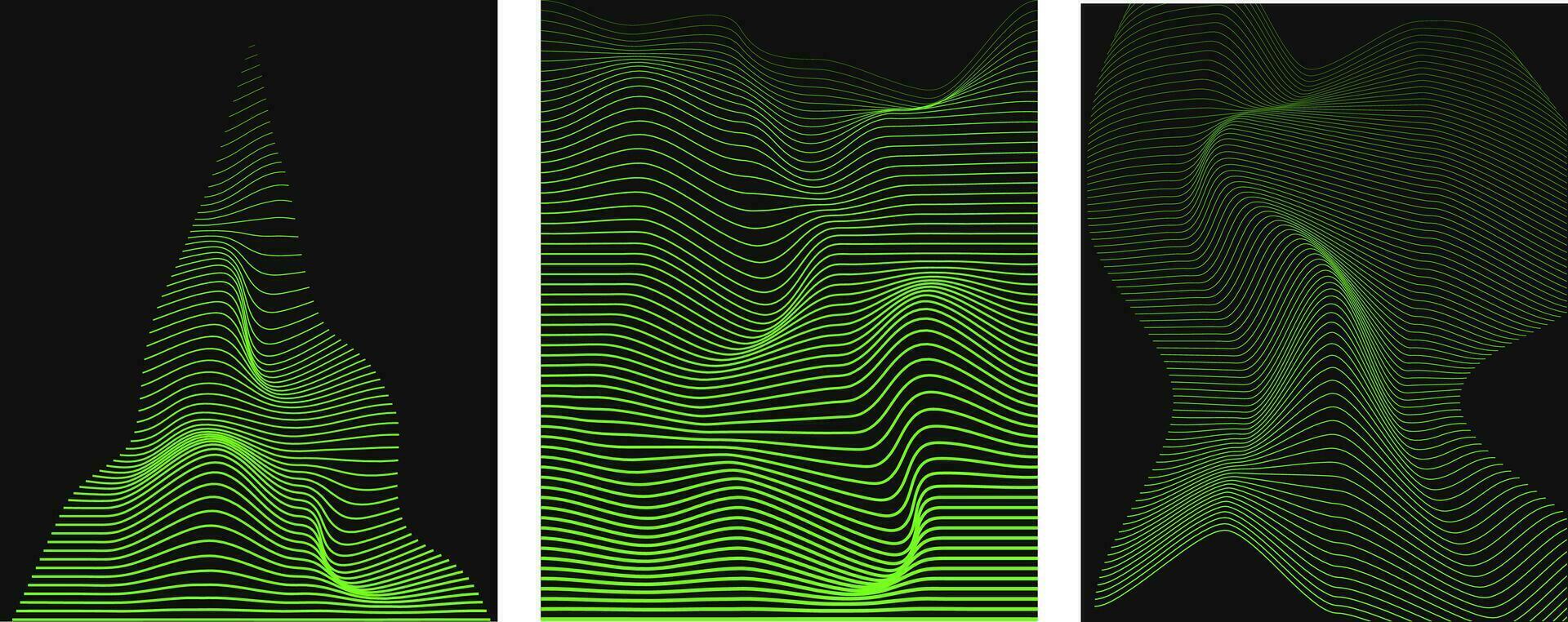 vervormd patroon van groen neon lijnen Aan een zwart achtergrond. abstract glitch achtergrond. retrogolf, dampgolf. zuur groente, zwart kleuren. mode retro jaren 80, 90s stijl. afdrukken, poster, spandoek. vector