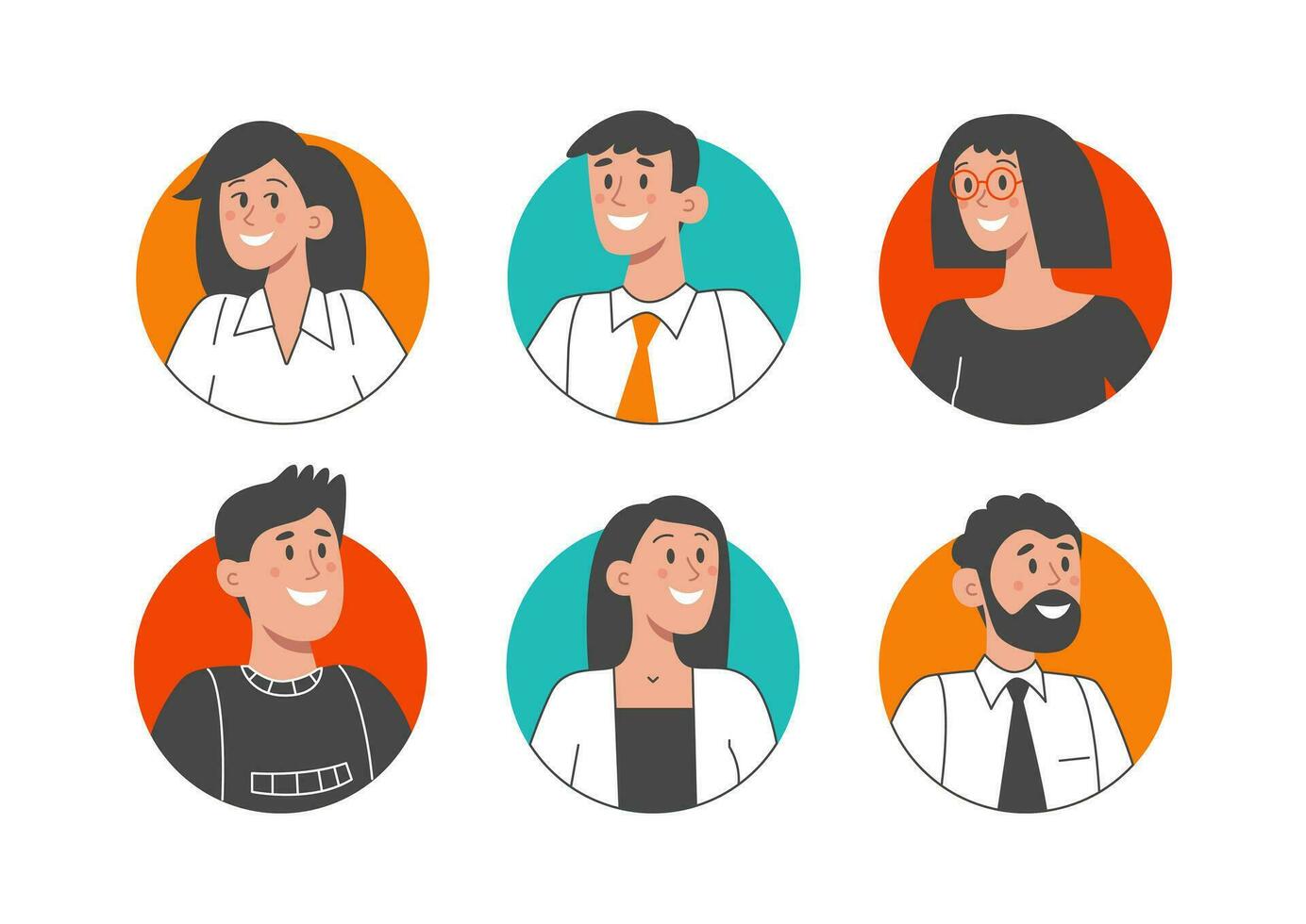 reeks van avatars van glimlachen mensen in een ronde kader. verzameling van verschillend tekens van mannen en Dames. geïsoleerd vector vlak illustratie.