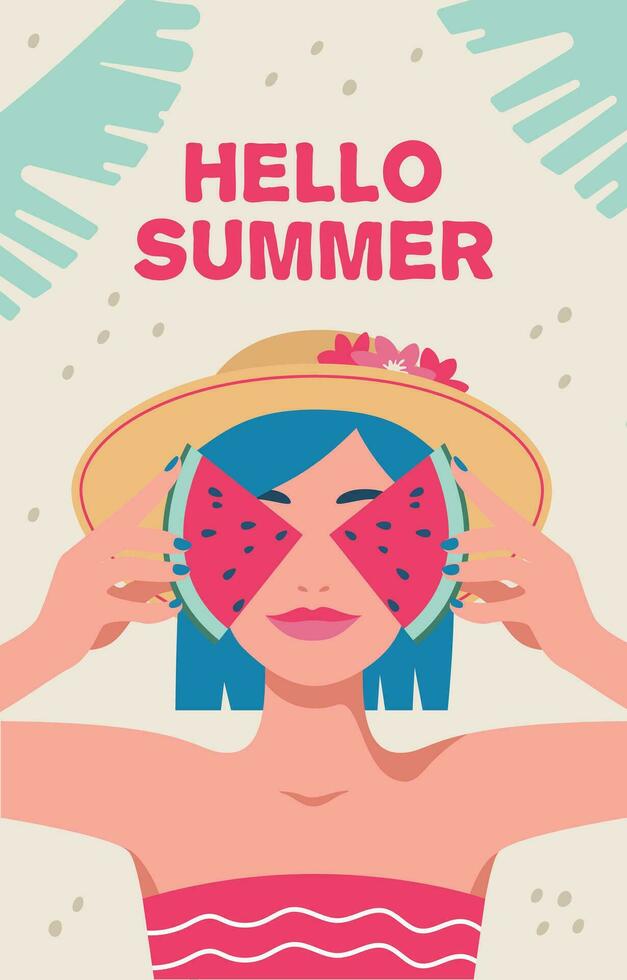 Hallo zomer. zomer, vakantie, zee. vrouw met plakjes van watermeloen. vector illustratie in een minimalistisch stijl, poster