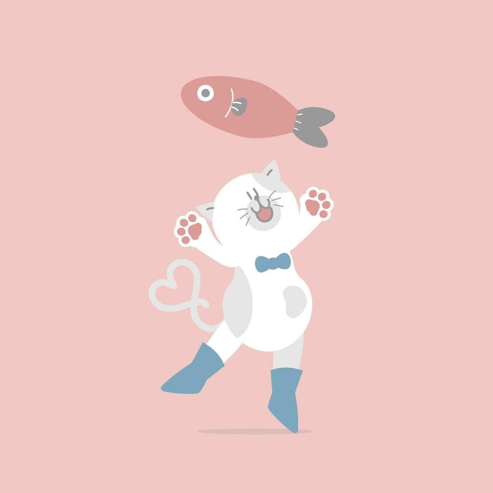 schattig en lief wit kat met vis, gelukkig Valentijnsdag dag, verjaardag, liefde concept, vlak vector illustratie tekenfilm karakter kostuum ontwerp