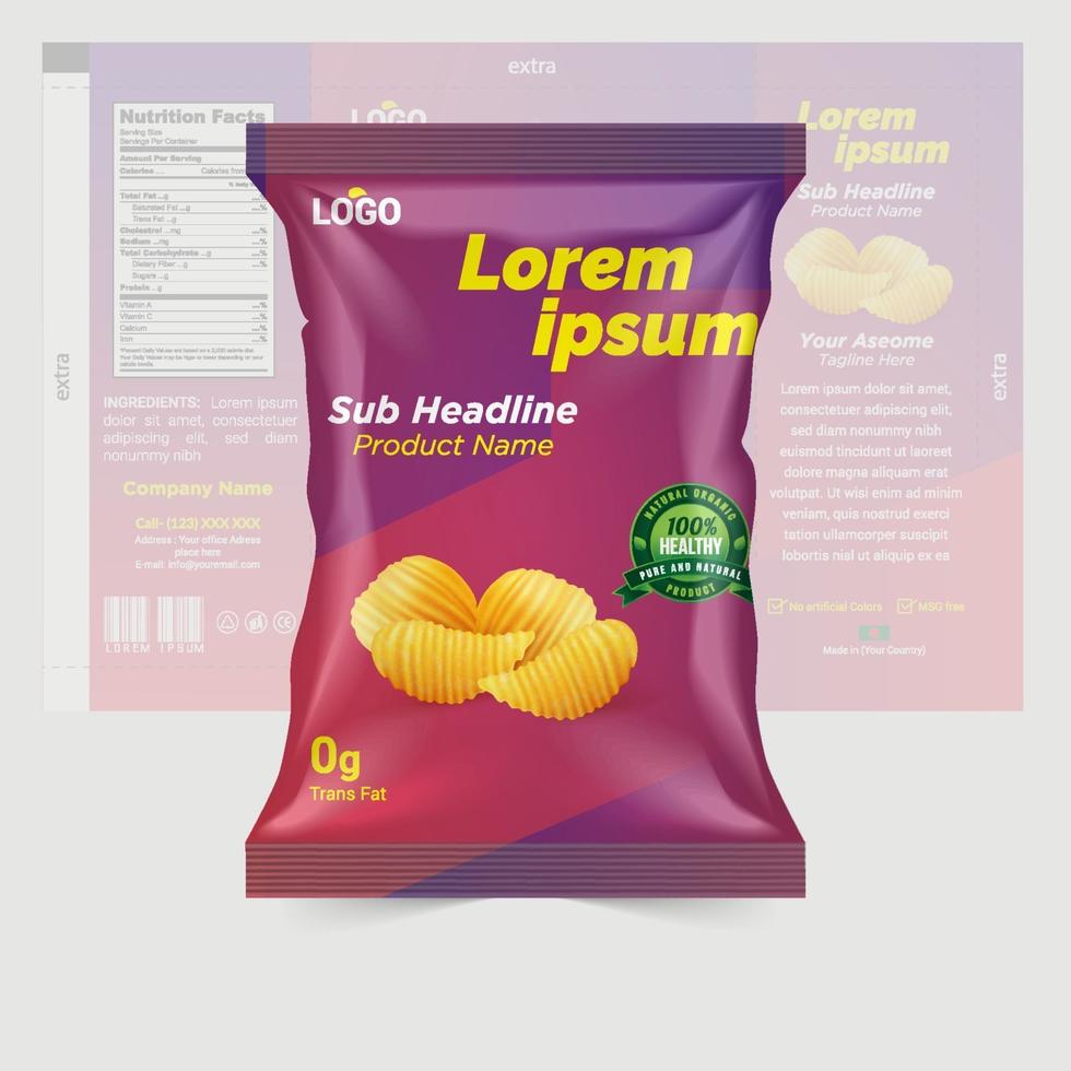 Aardappelchips en droog fruit pakketontwerp foliezakken geïsoleerd op een witte achtergrond in 3d illustratie vector