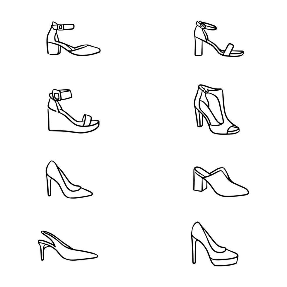 schets van hoog hiel- schoenen in verschillend types van Dames. gewoontjes mode formeel schoenen voor vrouw. vector vlak tekenfilm stijl.