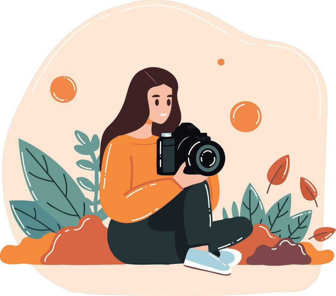 hand- getrokken vrouw cameraman met een camera in vlak stijl vector