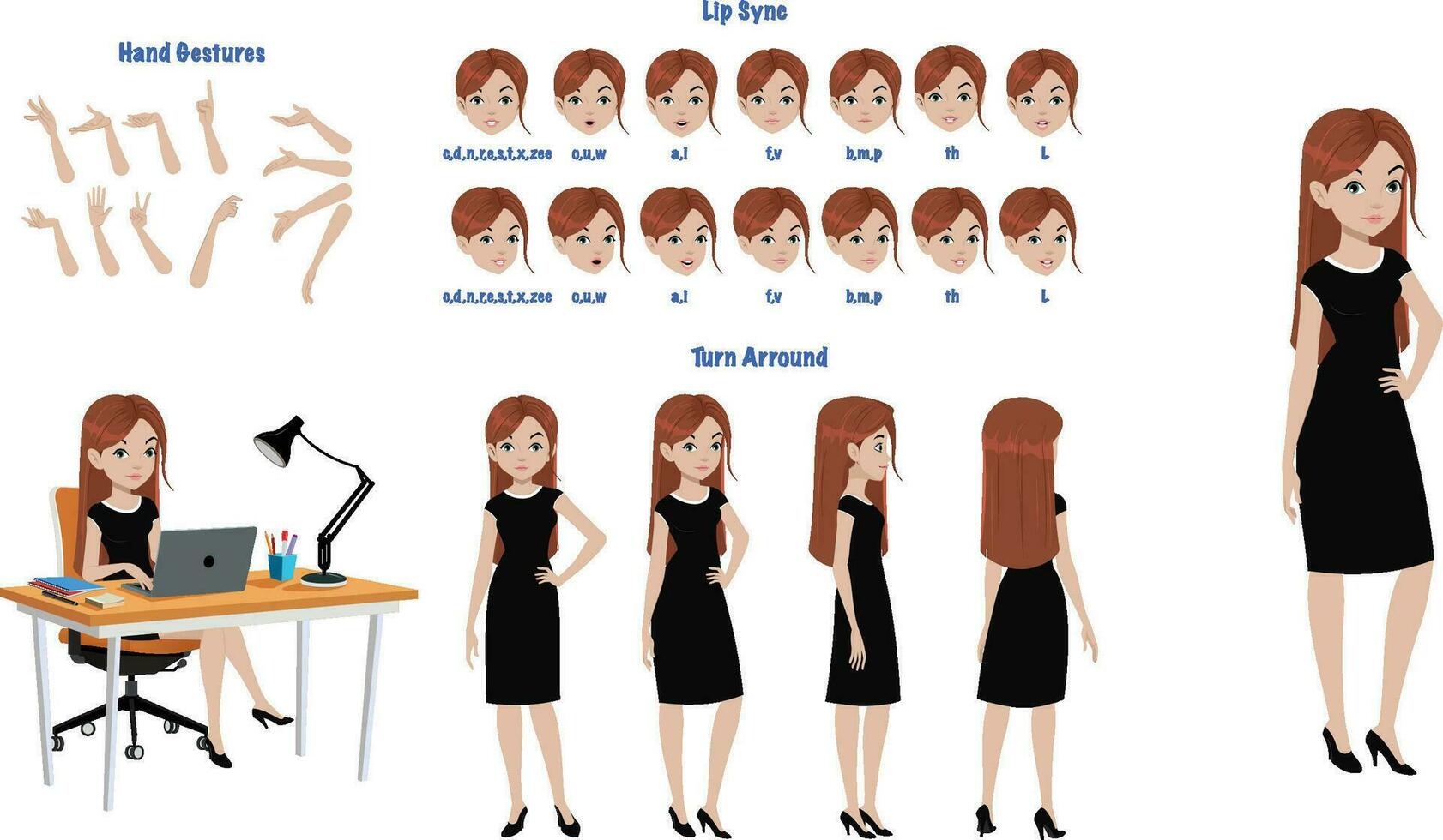 een bedrijf vrouw karakter model- vel voor animatie. vrouw karakter model- vel met lippen synchroniseren, hand- gebaar, beurt in de omgeving van vel vector