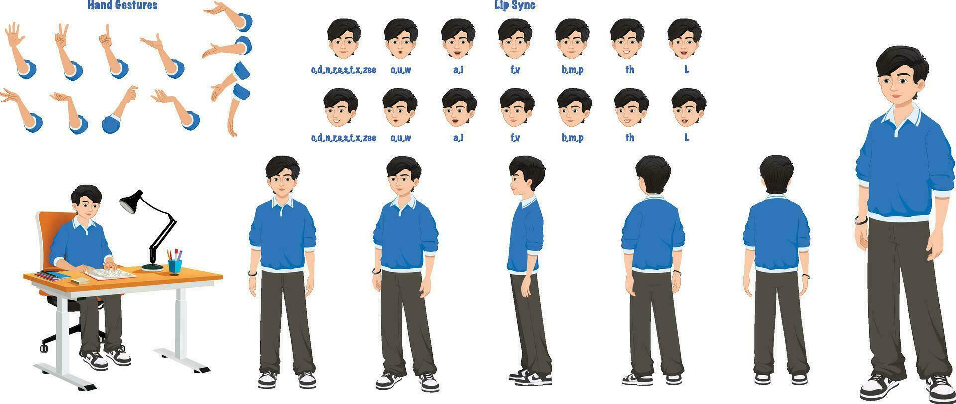 een school- jongen karakter model- vel. leerling creatie set. mannetje keer om vel vector