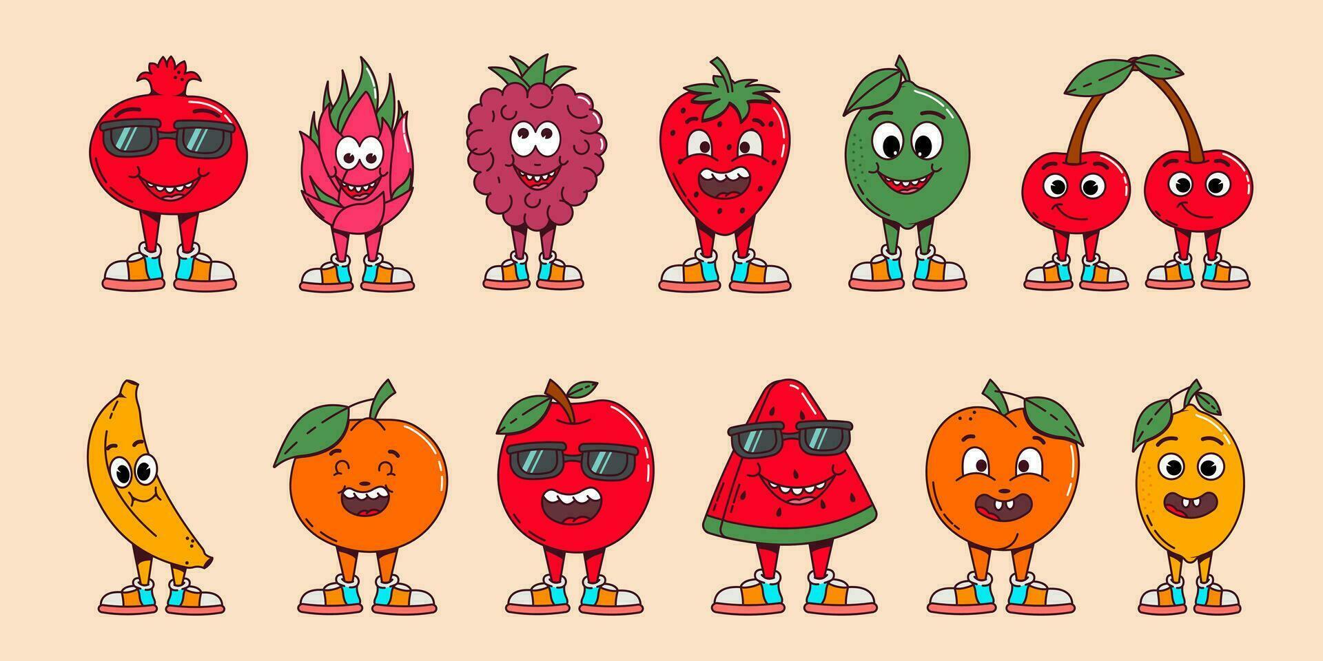 retro etiketten met modieus groovy vruchten. verzameling van helder wandelen gelukkig tekenfilm tekens jaren 70. retro fruit en bessen, vrolijk groenten golvend hun handen en glimlachen vector