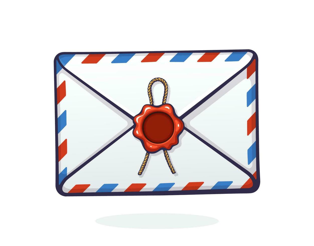 vector illustratie. Gesloten mail wit envelop met rood en blauw strepen, rood was- zegel en touw. niet lezen inkomend bericht. symbool van communicatie. grafisch met contour. geïsoleerd wit achtergrond