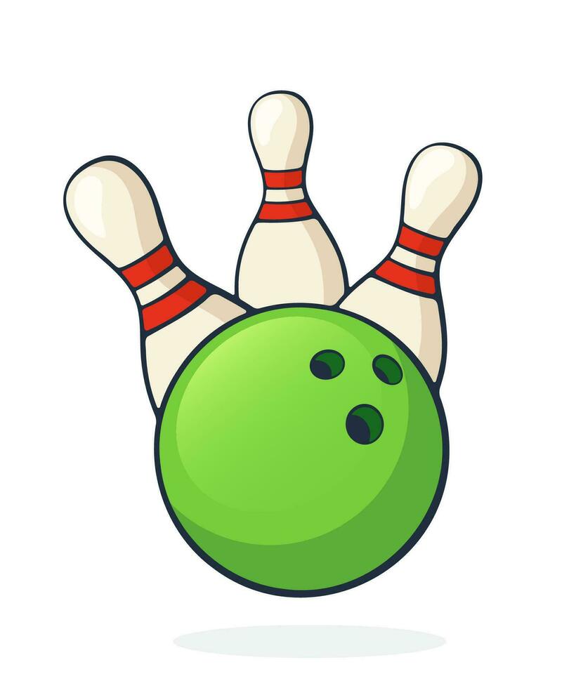 tekenfilm illustratie van groen bowling bal klopt naar beneden pinnen vector