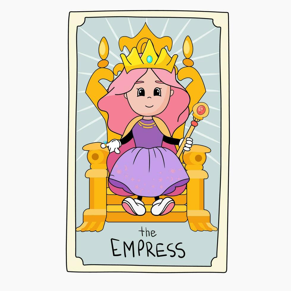 tarot kaart de keizerin, schattig esoterisch kaart, tekenfilm prinses met kroon Aan de troon, groovy majoor geheimzinnig. vector illustratie