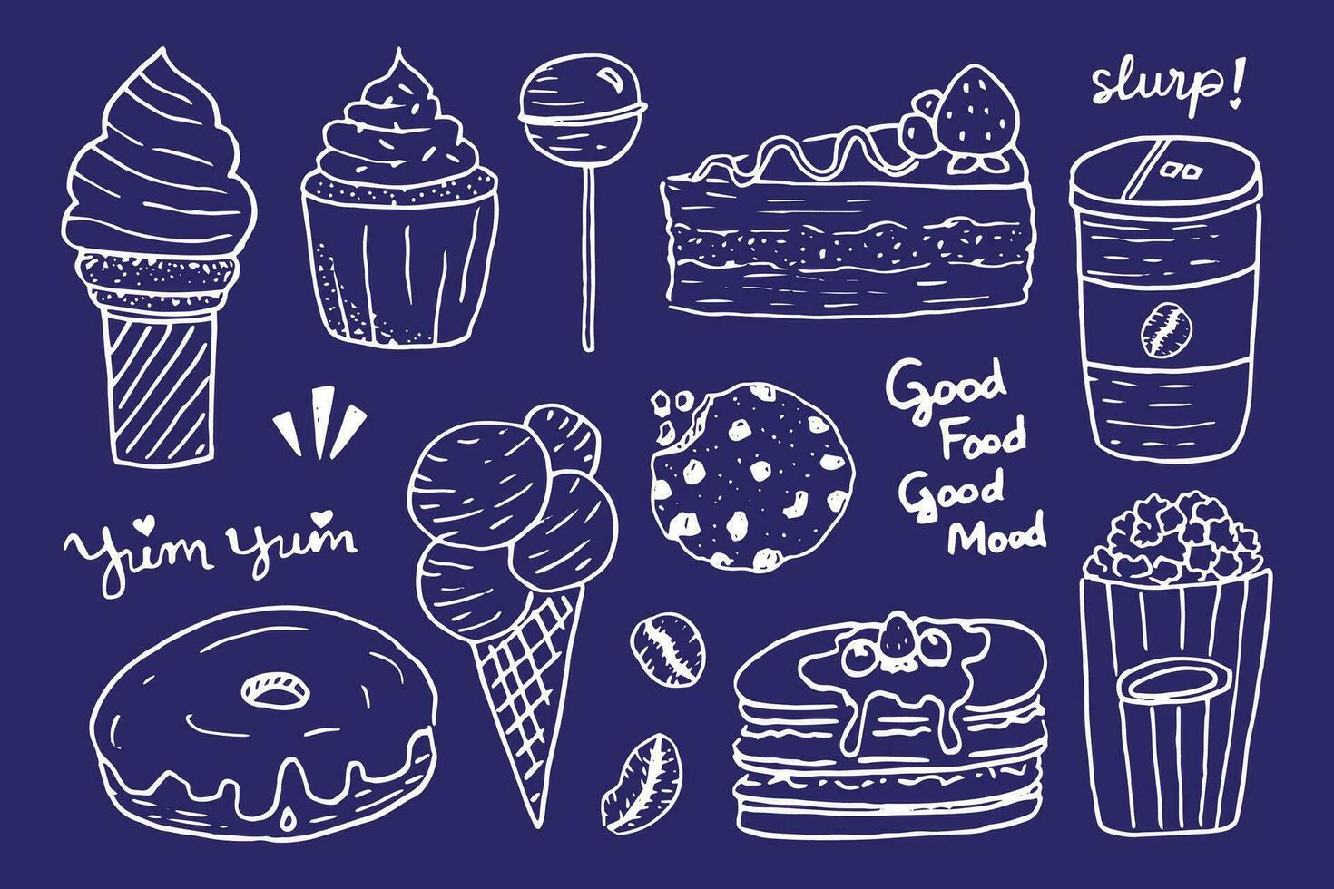schattig zoet taart en voedsel en drinken tekening vector