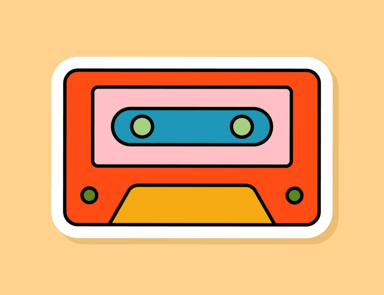 vector retro audio cassette sticker geïsoleerd Aan geel achtergrond. jaren 70 stijl tekenfilm icoon met wit contour