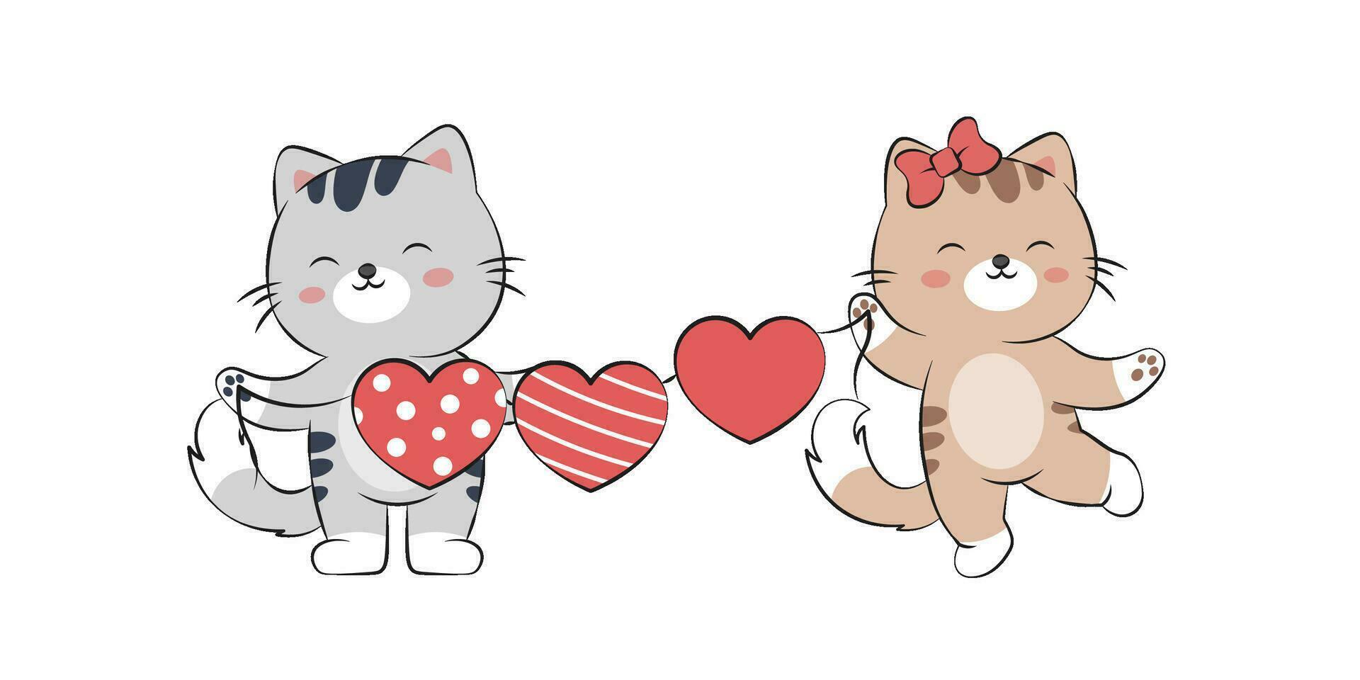 een paar van schattig katten met een liefde ballon. vector illustratie van grappig kittens