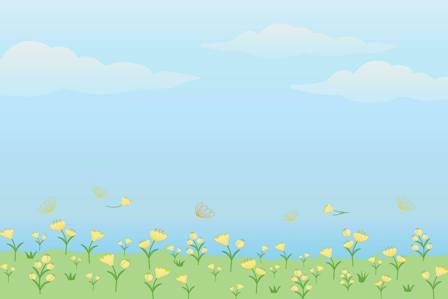 landschap met bloemen en blauw lucht met wolk tekenfilm achtergrond vector illustratie. zomer voorjaar achtergrond ,poster, school, zomer vakantie, boer markt.