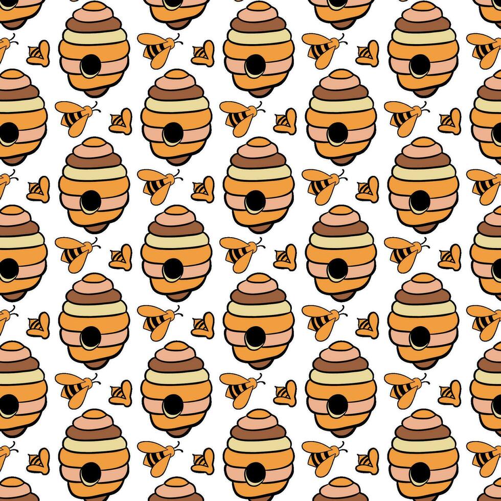 bijenkorf en bij. hand getekend naadloos tekenfilm patroon met honing bijen en netelroos. vector illustratie.