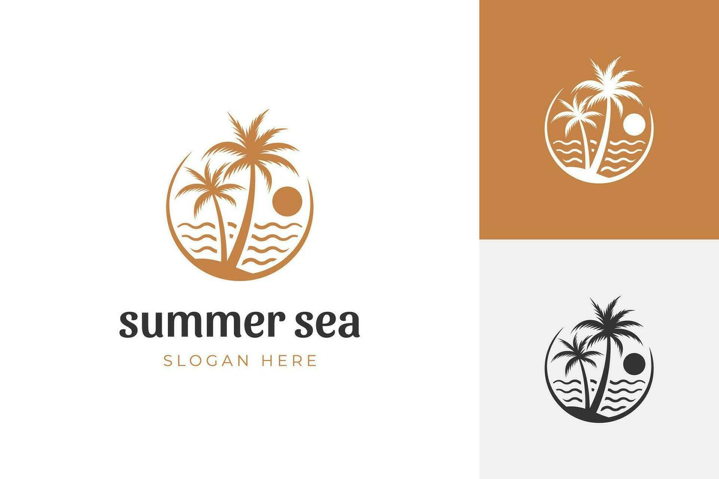 palm boom en paradijs logo met tropisch strand lijn kunst symbool element voor de zomer vakantie logo. vector illustratie, vlak ontwerp.