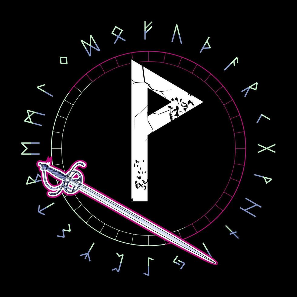 runen- brief gebeld wunjo De volgende naar een middeleeuws zwaard. vector illustratie van runen- alfabet in circulaire ontwerp.