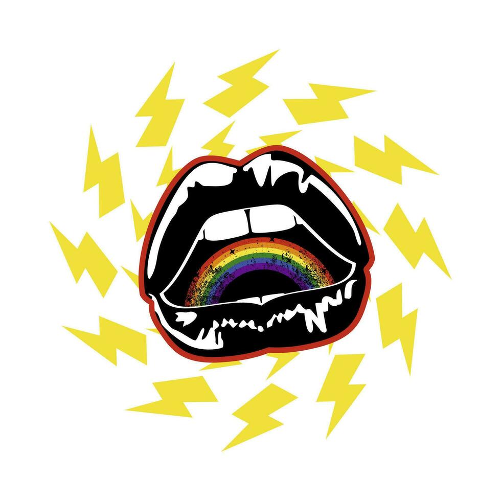 ontwerp voor t-shirt met zwart lippen, symbolen van blikseminslag en een regenboog geïsoleerd Aan wit. vector illustratie voor homo trots dag.