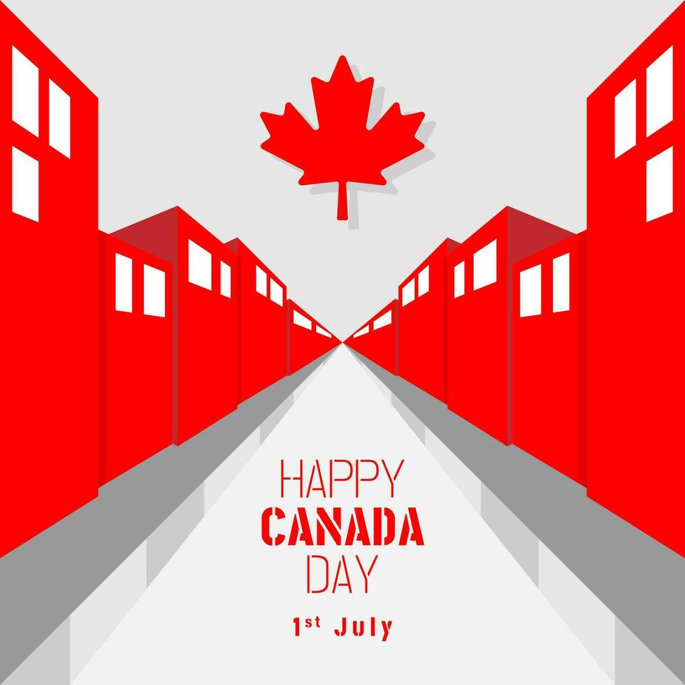 gelukkig Canada dag poster met rood stad in perspectief visie vector
