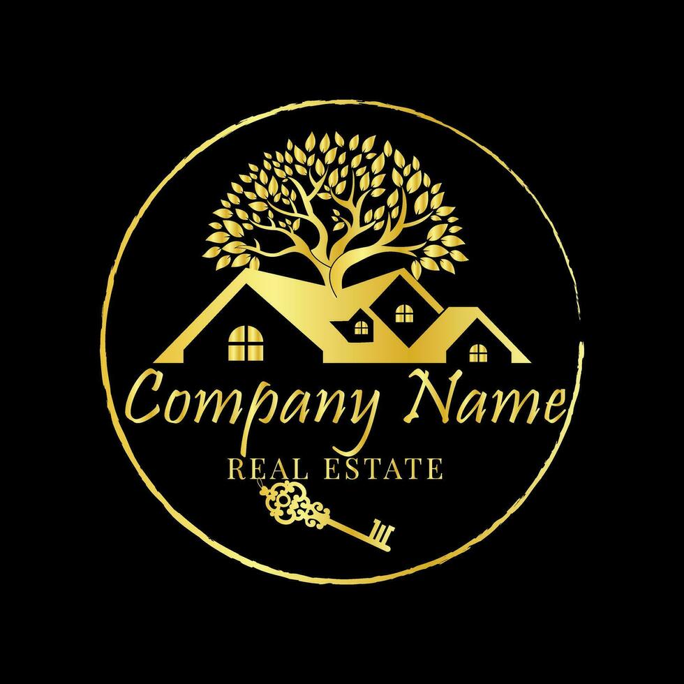 makelaar logo, goud echt landgoed logo, handtekening logo, huis logo ontwerp, roos goud logo vector