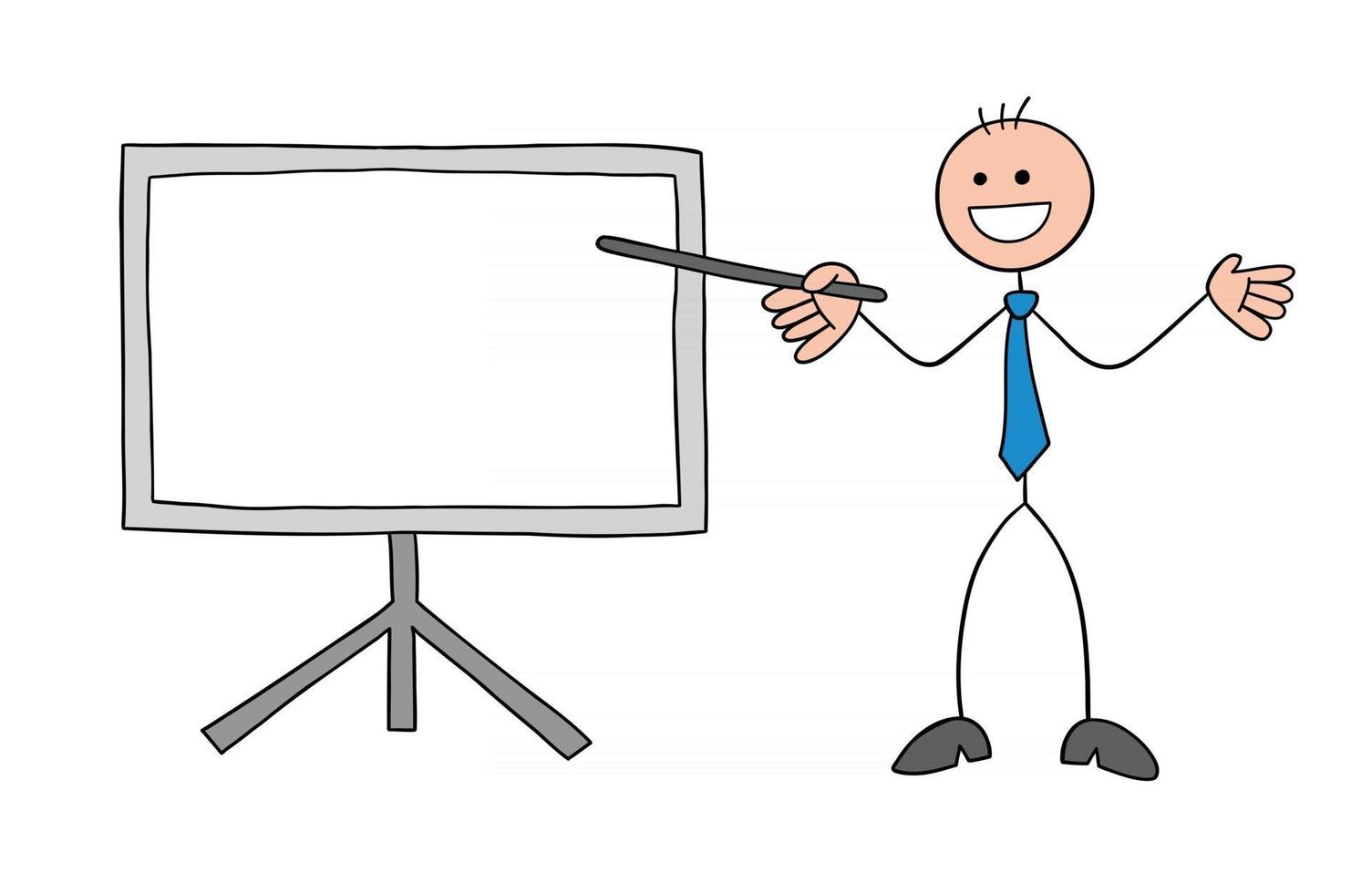 stickman zakenman karakter gelukkig en voor het whiteboard en wijzend met een stok vector cartoon afbeelding