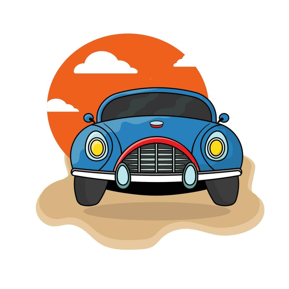 modieus auto vector, vector illustratie van blauw auto, zon achtergrond,