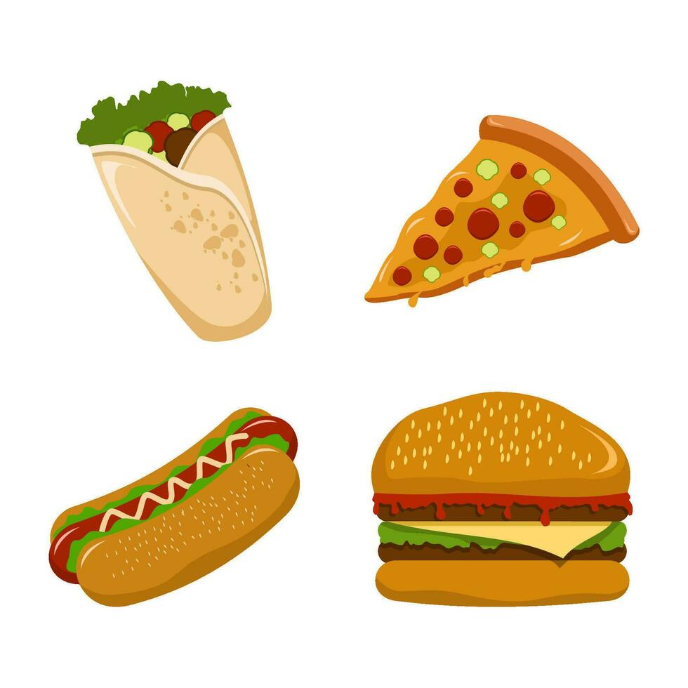 illustratie van hamburger, Kebeb, hotdog en pizza vector