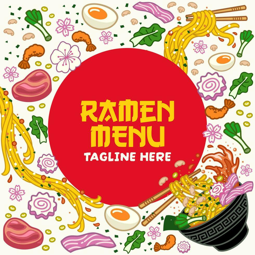 Japans stijl vector illustratie achtergrond met ramen noodle en ingrediënt