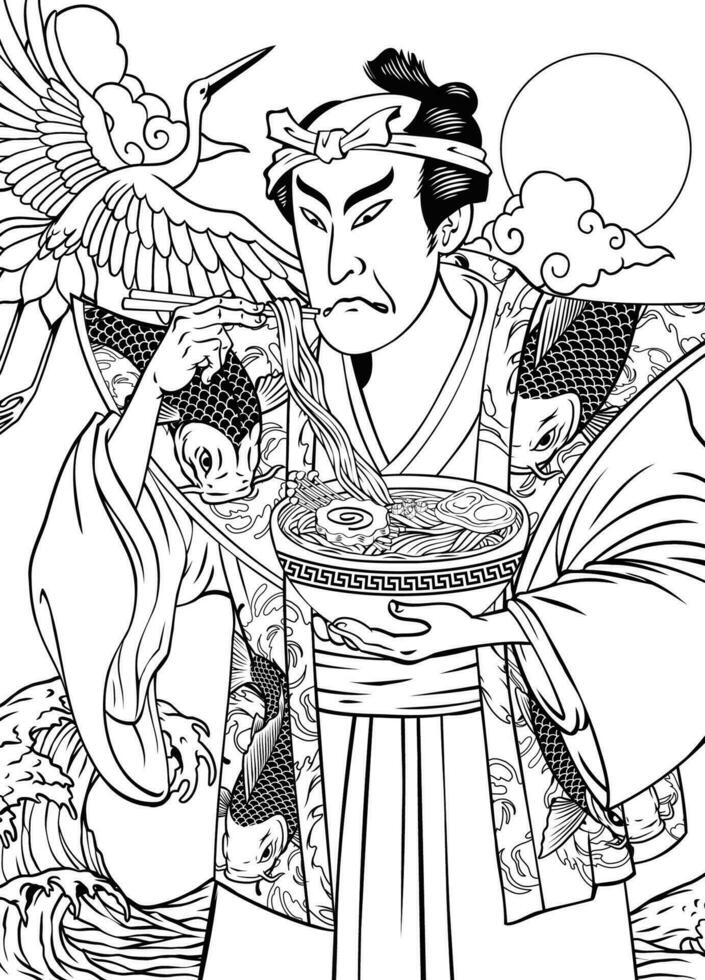 zwart en wit volwassen kleur bladzijde van een Mens aan het eten heerlijk ramen in ukiyo e stijl vector
