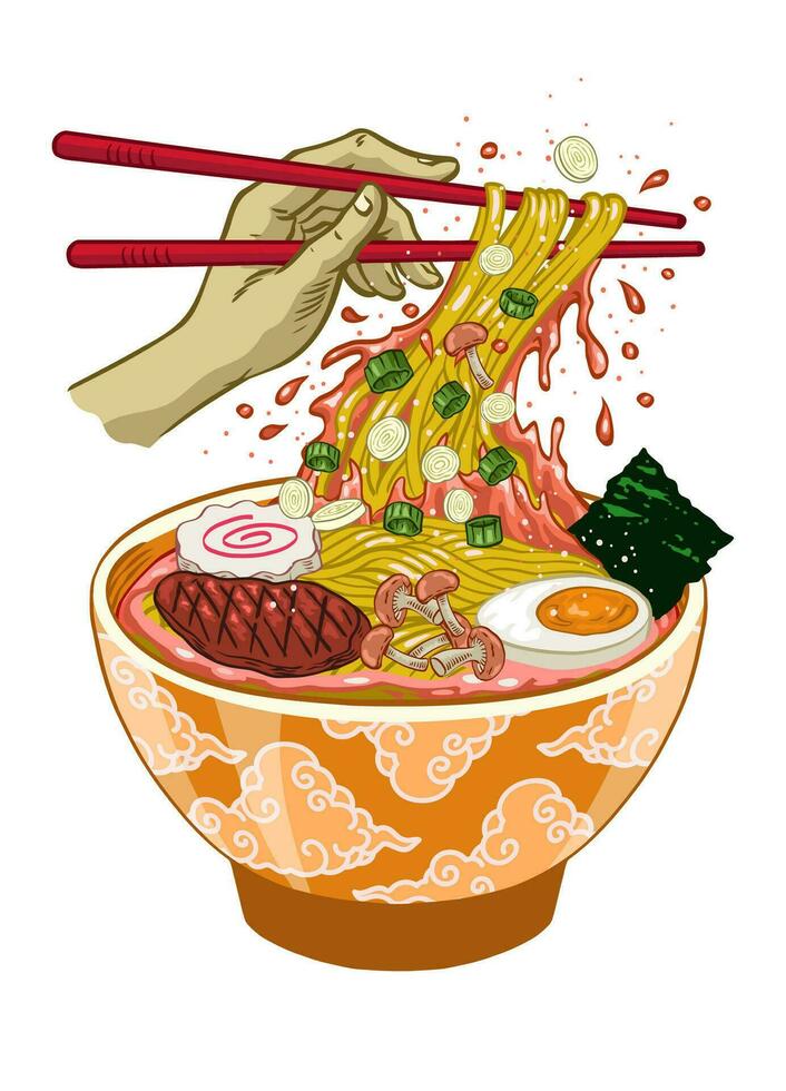 ramen noodle Japans voedsel illustratie in hand- getrokken stijl vector