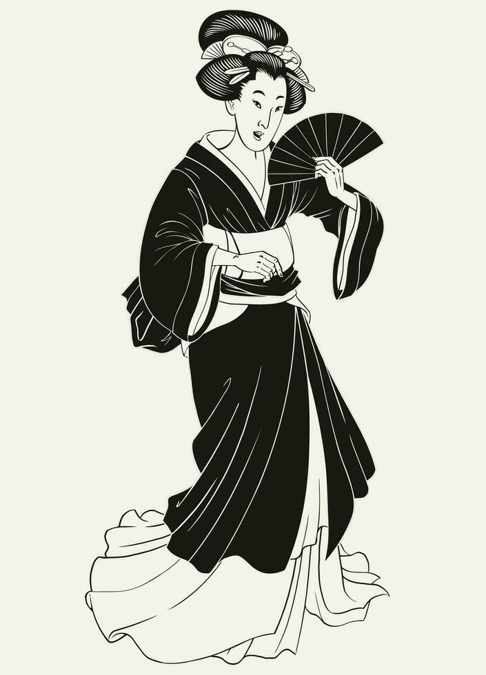 wijnoogst Japans geisha Holding traditioneel ventilator geïsoleerd vector