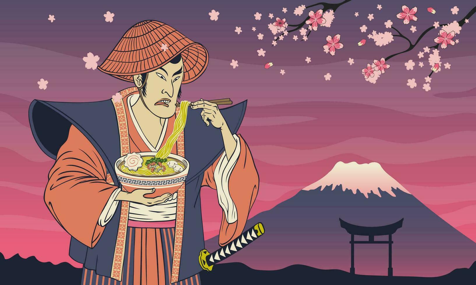 wijnoogst Japans schilderij illustratie van mannen in kimono eet ramen noodle vector