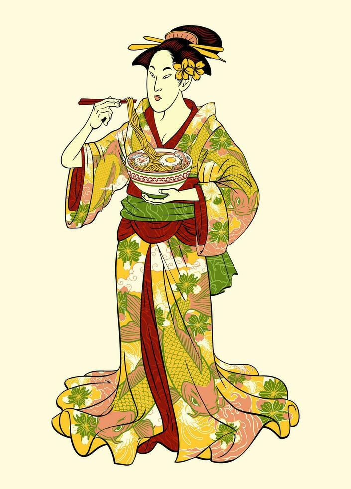 wijnoogst Japans geisha aan het eten ramen in traditioneel kimono vector