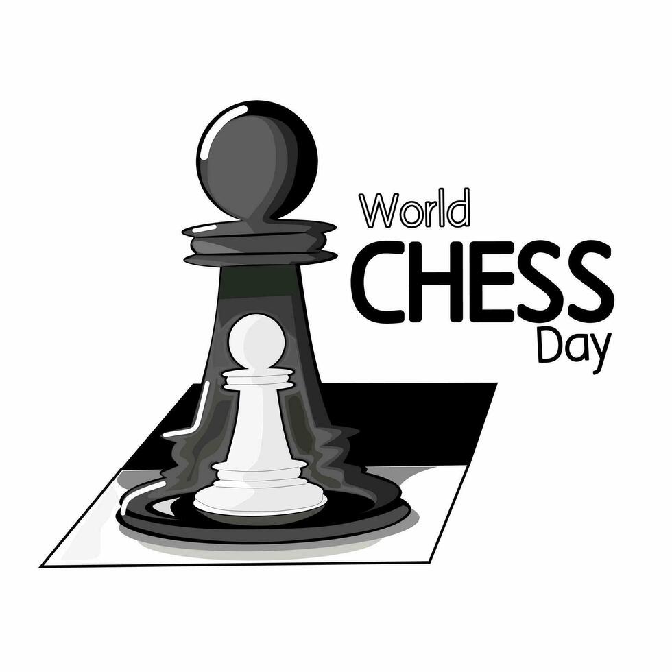 wereld schaak dag, een vector beeld van een zwart stuk gieten een schaduw Aan de wit stuk in voorkant van het. perfect voor logos of dekt.