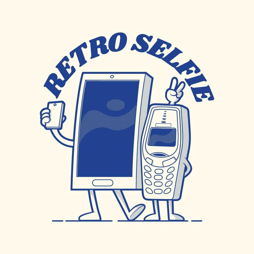 modern en wijnoogst telefoons nemen een selfie vector illustratie. technologie, delen, vriendschap ontwerp concept.