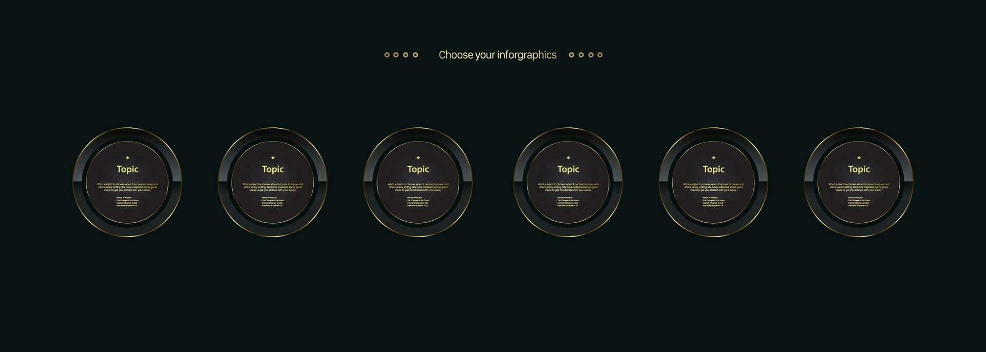 zes luxe multipurpose infographic cirkel toetsen en gouden sjabloon met 6 opties en premie goud elegant versie Aan een donker achtergrond vector