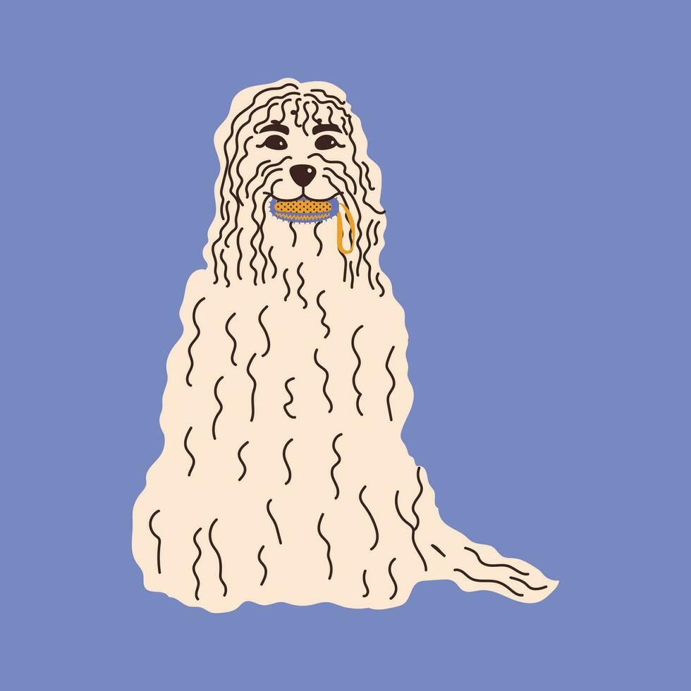 hond met speelgoed voor poetsen of masseren tanden. hond tandheelkundig Gezondheid. hoektand tandheelkundig zorg en hygiëne concept. vector illustratie