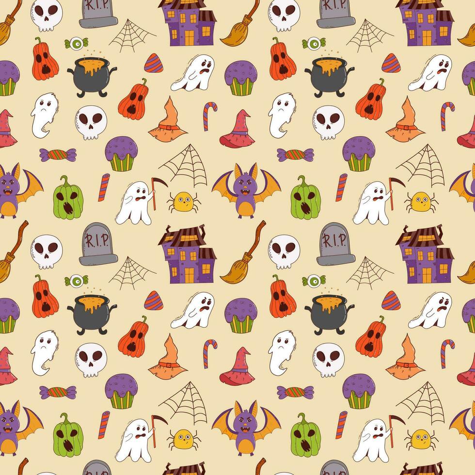 grappig halloween naadloos patroon. pompoen, geest, heks hoed, knuppel, snoepgoed, spin, bezem. truc of traktatie concept. vector illustratie in hand- getrokken stijl