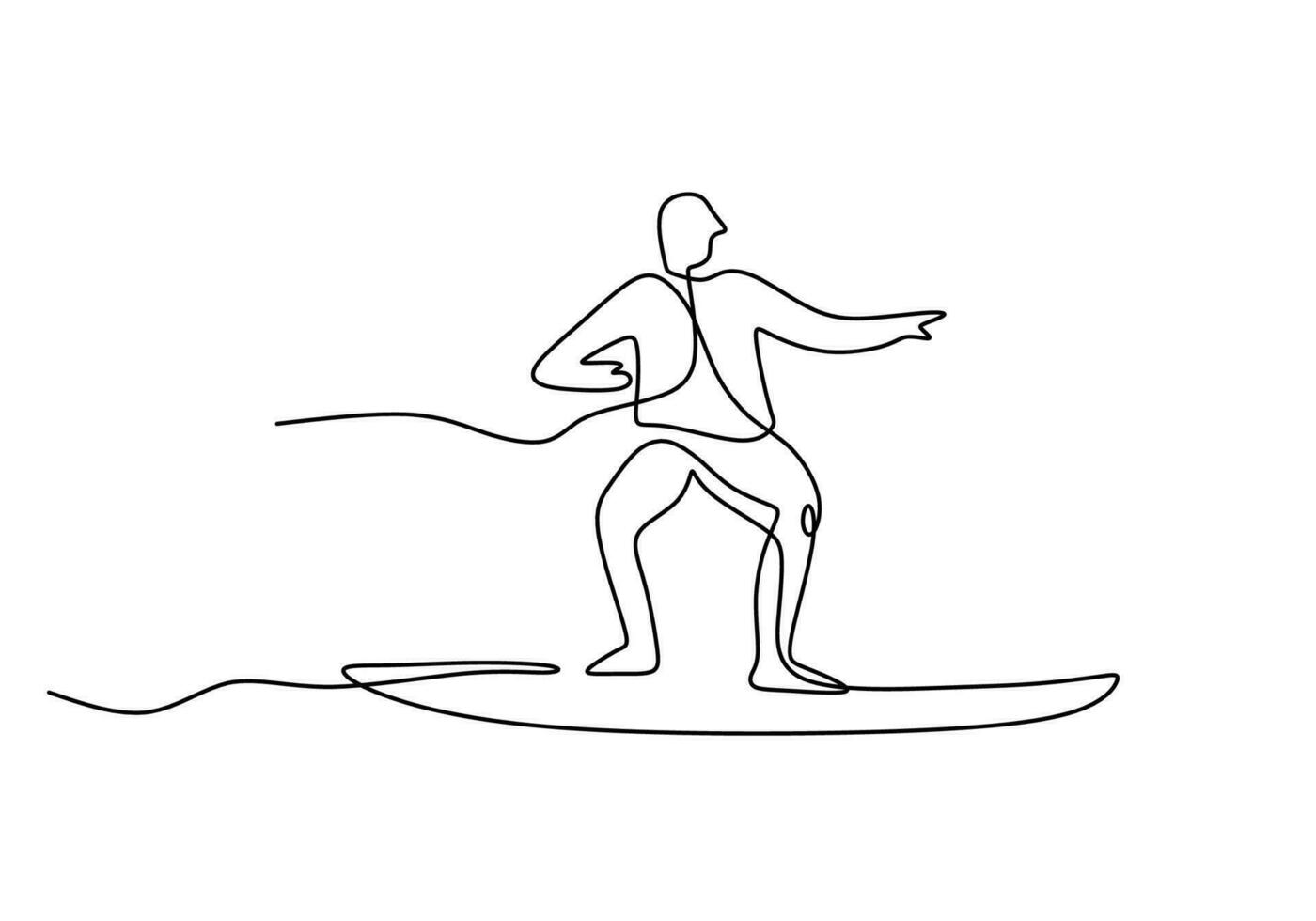 Mens spelen surfboard een lijn tekening doorlopend hand- getrokken sport vector