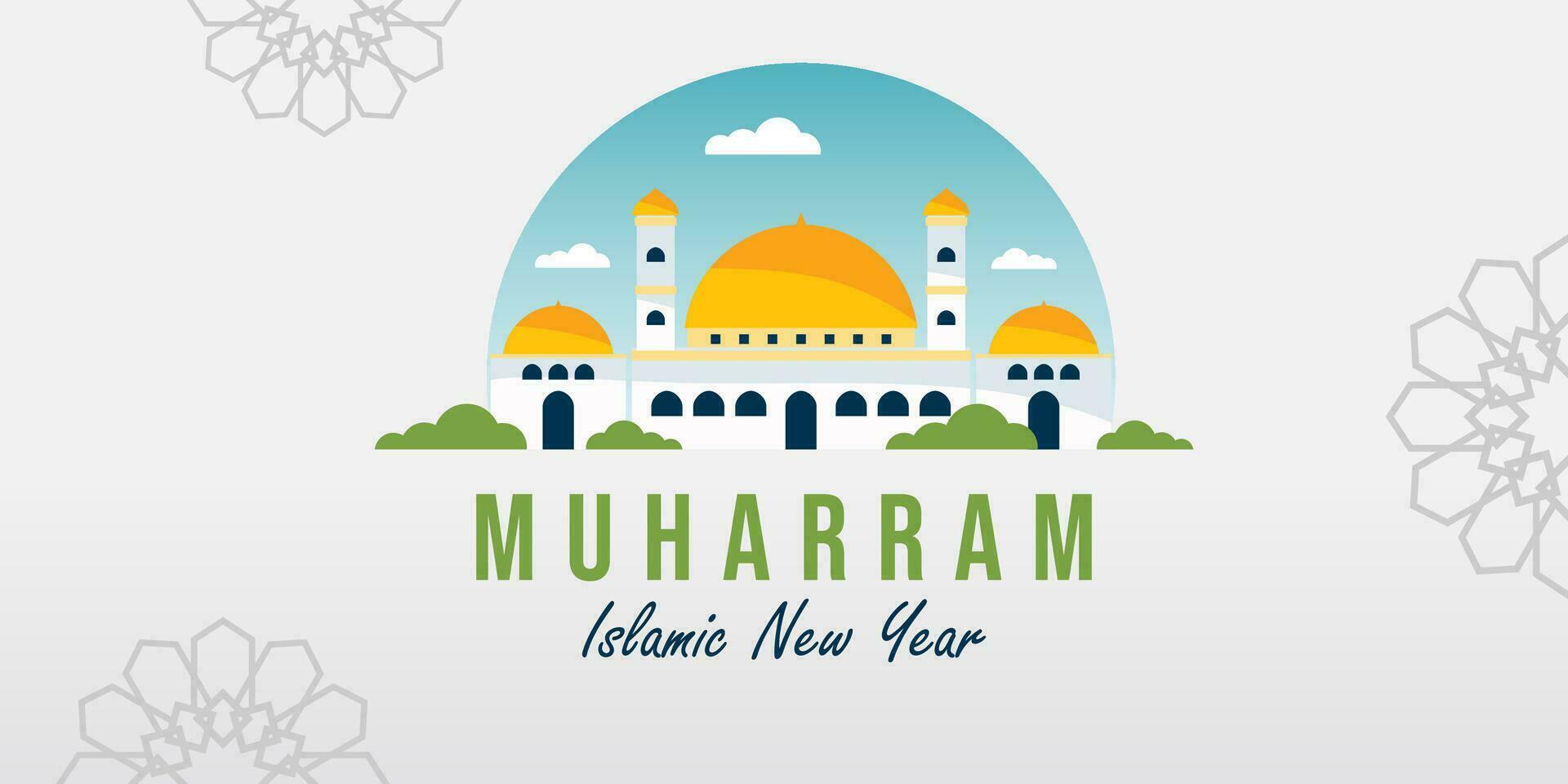 gelukkig Muharram Islamitisch nieuw jaar met wolk, moskee en moslim ornament vector