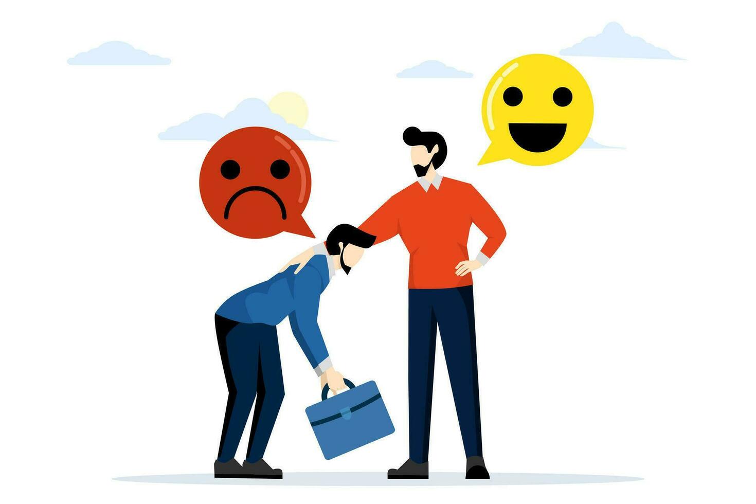 positief gedachten, negatief emoties, slecht ervaringen. niet tevreden klant of collega. optimistisch, medelevend houding. de leider vermaakt zijn ondergeschikten. vlak vector illustratie.