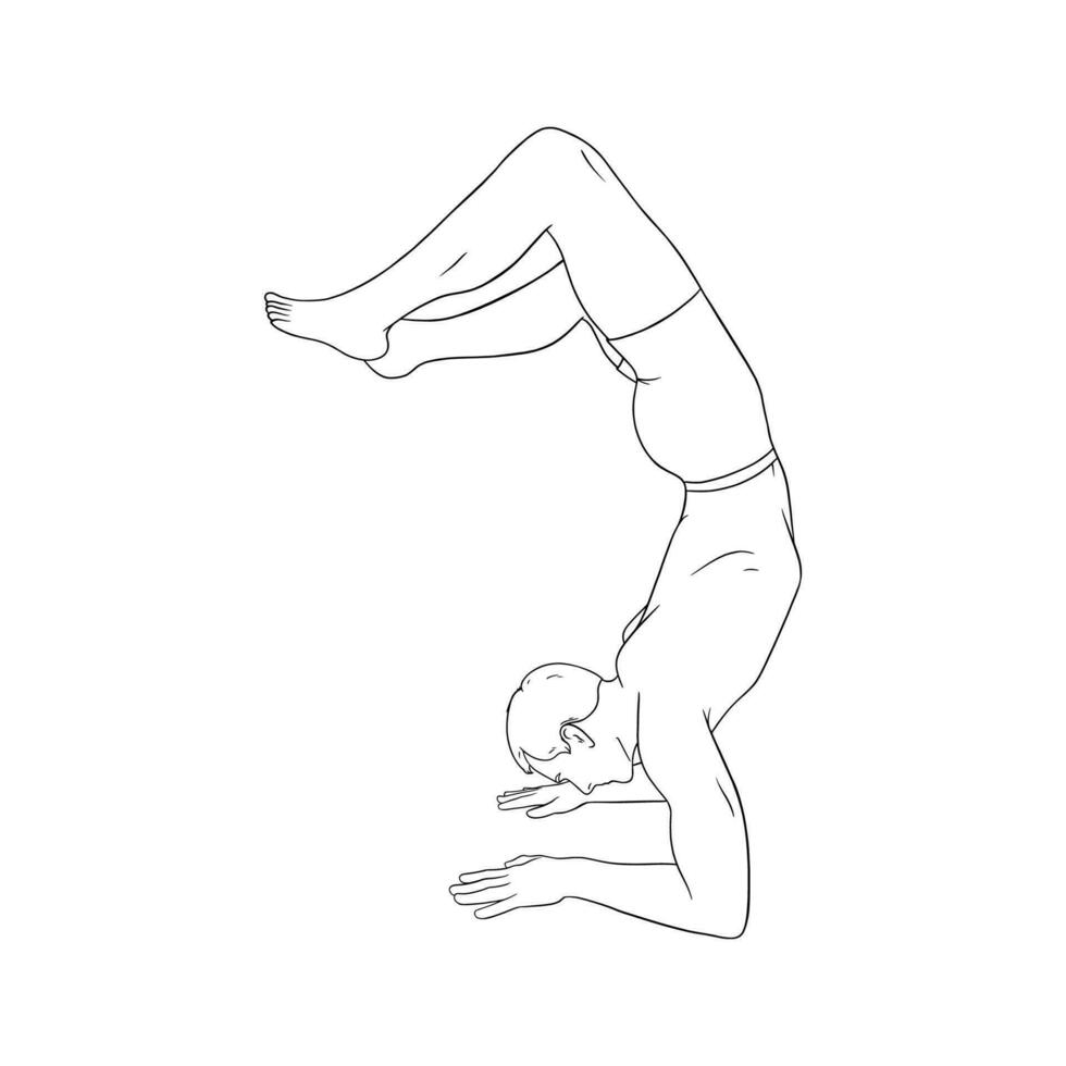 yogi Mens in handstand schorpioen houding of vrschikasana. yoga hand- staan voor sterkte verbetering. schetsen vector illustratie