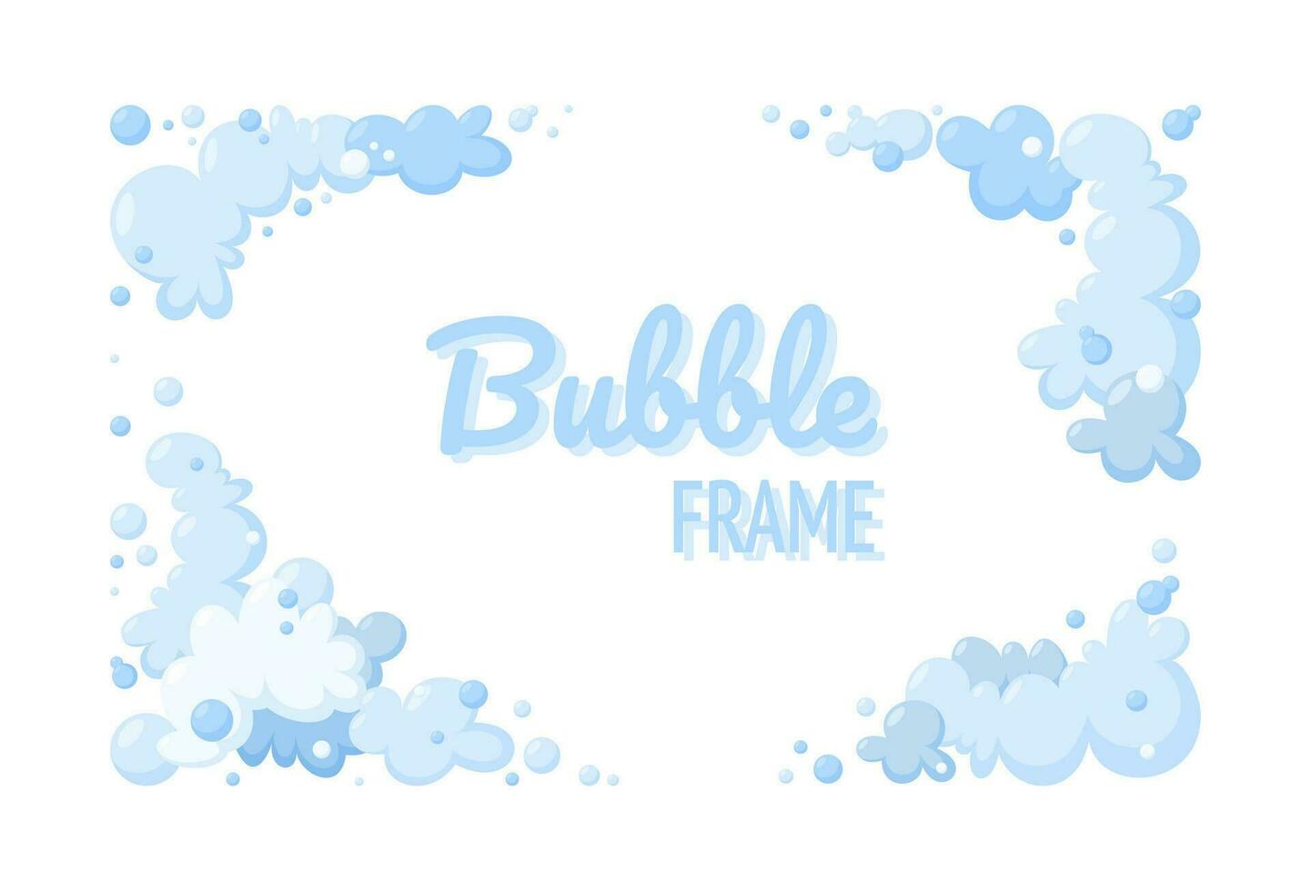 zeep schuim of wolken. ontwerp met blauw schuim en bubbels van verschillend vormen. bewolkt kader en hoeken. vector illustratie