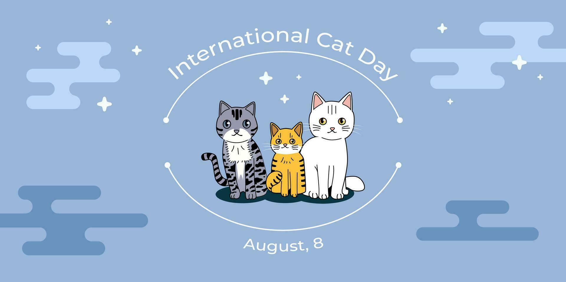 Internationale kat dag banier met drie schattig katten Aan een nacht lucht achtergrond, kat dag uitnodiging, viering van augustus 8. vector